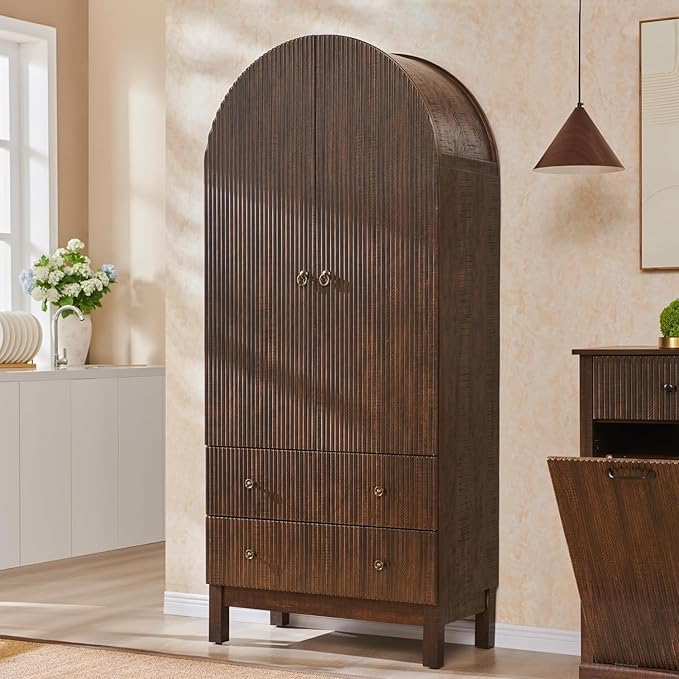 71" Tall Arched Pantry Cabinet, Fluted Kitchen Storage Cabinet with Adjustable Shelves and 2 Large Drawers, Freestanding Morden Versatile Cupboard for Living Room, Bathroom, Brown