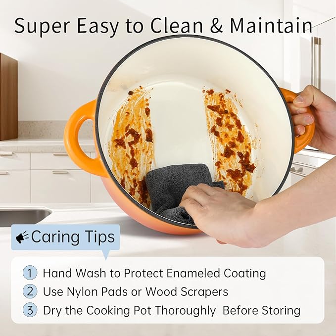 6 Quart Enameled Cast Iron Dutch Oven Pot with Lid, Oven Safe up to 500째F or on Stovetop, Non-stick Dutch Oven for Bread Baking, Cooking, Dual Handles Cookware, Orange