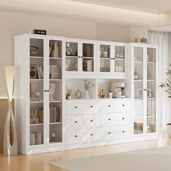 VOWNER 4PCS Bookshelf and Bookcase, 5-Tier Modern Bookshelves with 3 Large Drawer, Glass Display Cabinet with Lager Storage Shelf, Combination Storage Shelves for Home Office, White (BBCC)