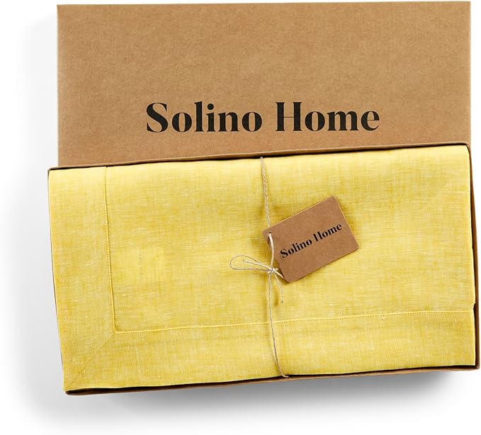 Solino Home Linen Tablecloth 60 x 132 Inch - 100% Pure Linen Chambray Lemon Yellow Table Cloth for Rectangle Tables - Athena, Machine Washable Tablecloth