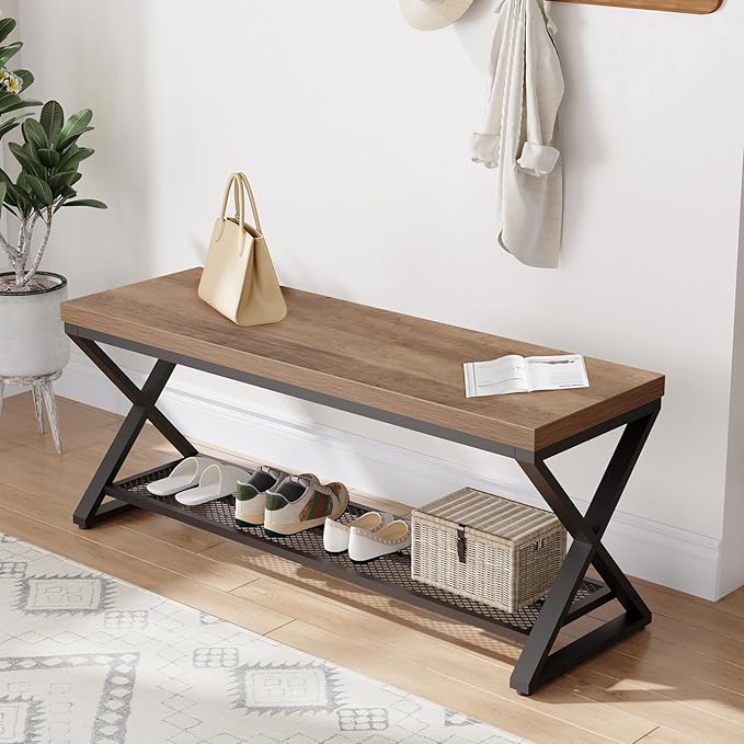 LVB Entryway Shoe Bench with Storage, 39??Entryway Bench for Foyer Hallway, Farmhouse Wood and Metal Indoor Bench for Entrance, Shoe Rack Storage Bench with Sitting for Living Room, Rustic Oak, 39 in