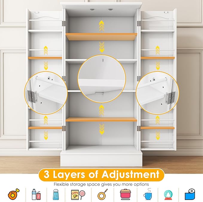 47??Pantry Cabinet, Kitchen Pantry Storage Cabinet with Doors and Adjustable Shelves,Freestanding Buffet Cupboards Sideboard for Living Room and Dinning Room (White)