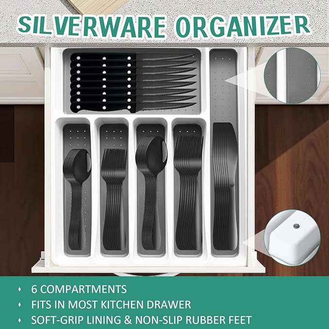 49Pcs Silverware Set with Organizer, Silver Stainless Steel Flatware Set for 8 Cutlery Utensil Sets with Steak Knives, Spoons and Forks Set, Dishwasher Safe