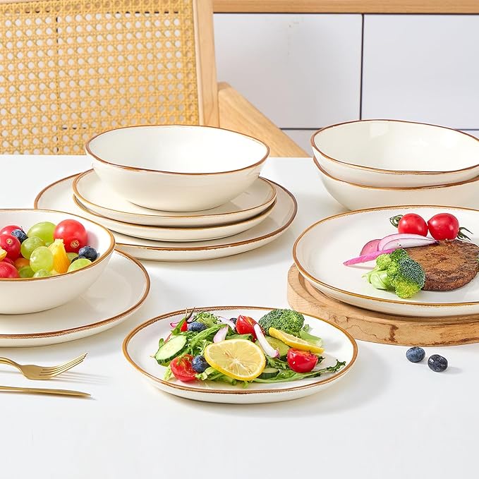Bestone 12 Pieces Round Kitchen Dinnerware Sets竊똏lates and Bowls Sets,Dishes, Plates, Bowls, Dish Set, Chip Resistant Ceramic Dinnerware Set, Dishwasher/Microwave Safe,Service for 4,Pearl White