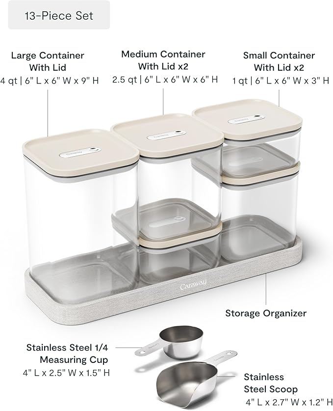 Caraway 13-Piece Glass Airtight Food Storage Containers with Lids ??Non-Toxic, BPA-Free Kitchen Storage Containers ??Stackable, Space-Saving Airtight Containers for Dry Goods and More - Cream