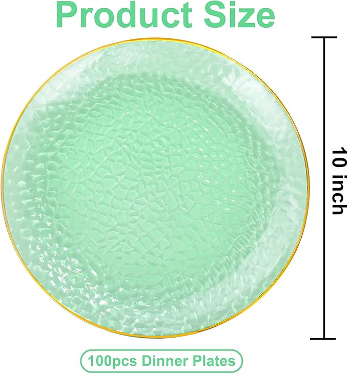 DaYammi 100PCS Green and Gold Plastic Plates - 10 inch Clear Green Gold Dinner Plates - Hammer Pattern Design - Fancy Disposable Platos - Heavy-Duty Party Platos Ideal for Wedding