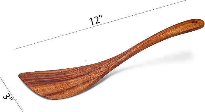 Wooden Spatula Nonstick Turner Acacia Wood, Right Long Handle Flat Frying Spatulas Handmade for Mother Wife Grandma Her Kitchen Gift, Ideal Cookware Utensils for Cooking Eggs, Fish, Pancakes
