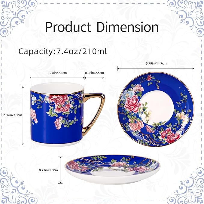 KAMMAK Tea Cups and Saucers Set of 2, Porcelain Coffee Cups with Saucer for Espresso, Cappuccino, 7.5oz Vintage Red and Blue Ceramic Novelty Mug for Home, Tea Party, Office