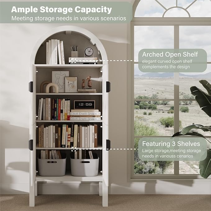 71" Tall Arched Fluted Storage Cabinet - Modern Pantry Cabinet with 4-Tier Shelves, Open Display & Sealed Storage, Accent Sideboard for Living Room Kitchen Dining Room (Antique White)