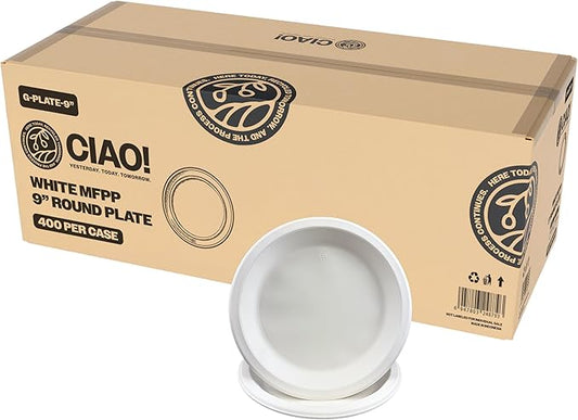 CIAO! 9" White Heavy Weight Plastic Plate Mineral Filled Polypropylyne MFPP (Case of 400)