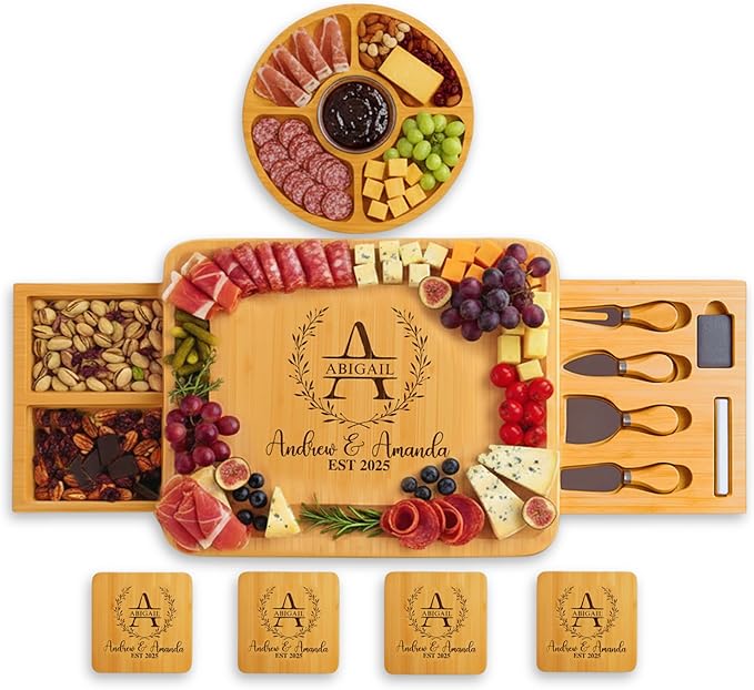 Personalized Bamboo Charcuterie Board Set with Fruit Tray - House Warming Gifts New Home, Gift for Couple, Wedding, Christmas, Anniversary, Housewarming, Bridal Shower Gift