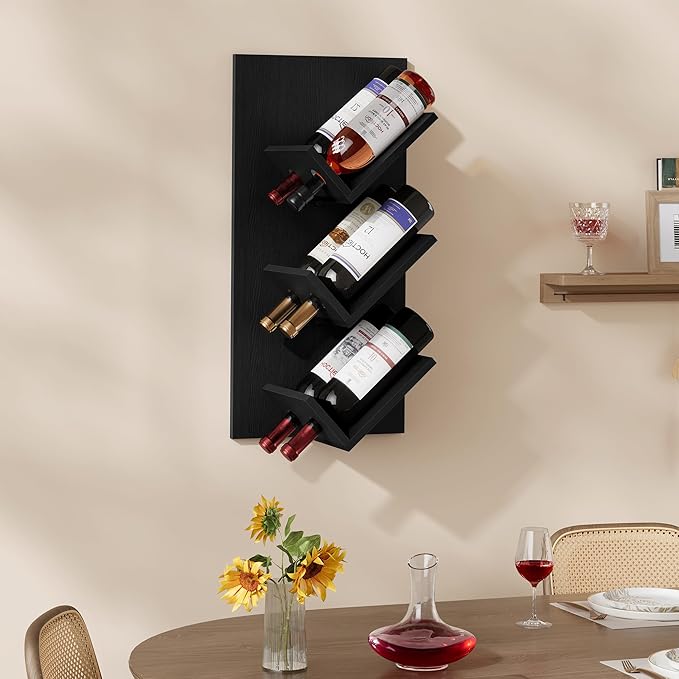 Hoctieon Wine Rack Wall Mounted, 6 Bottles Hanging Wine Racks Bar Shelves for Display & Storage, Rustic Wood Wine Bottle Holder for Home Bar, Kitchen, Dining Room, Black