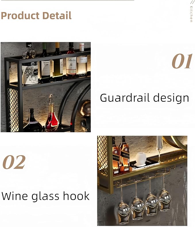 55 Inch Metal Wall Mounted Wine Rack, 3-Tier Bar Shelf with Glass Holder, Modern Large Capacity Liquor Bottle Display Shelf for Home Bar, Dining Room & Kitchen, Gold