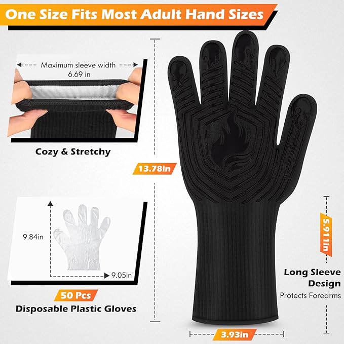 BBQ Gloves, 1472째F Heat Resistant Gloves Fireproof Mitts, Grilling Gloves Silicone Non-Slip Washable Oven Glove, Kitchen Glove for Barbecue, Grilling, Cooking, Baking, Camping, Smoker (Black)