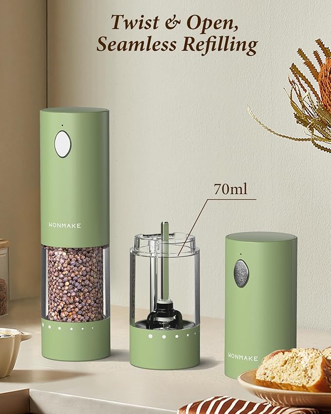 Electric Salt and Pepper Grinder Set - Automatic Refillable Salt and Pepper Grinders with Charging Base & LED Light, 6-Level Adjustable Coarseness with External Dial, Ideal Kitchen Gadget竊똆reen