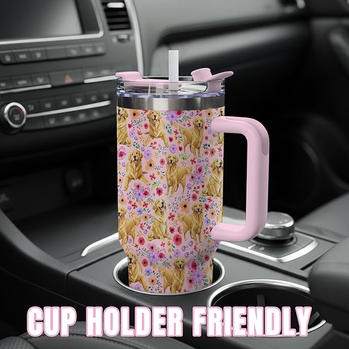 Yogusut Golden Retriever Gifts for Women, 40oz Stainless Steel Insulated Tumbler Travel Mug Cup with Handle Straw, Gifts for Dog Mom Dog Lover