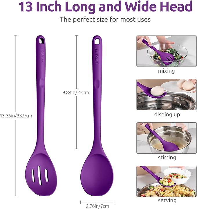 600쨘F Heat Resistant Silicone Spoons: U-Taste 13.3in Solid & Slotted Kitchen Cooking Spoon, Nonstick Food Grade Long Rubber Utensil, Sturdy for Mixing, Serving, Frying, Draining (Purple, 2PCS)