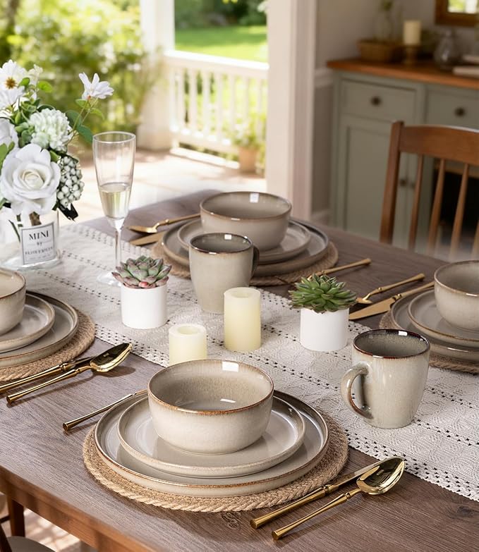 GBHOME Ceramic Dinnerware Sets for 4, 12 Pieces Stoneware Plates and Bowls Sets, Scratch Resistant Dishes, Dishwasher & Microwave Safe, Reactive Glaze-Almond Cream