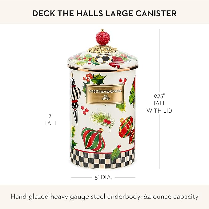 MACKENZIE-CHILDS Enamel Canister, Kitchen Storage Container with Lid, Large, Deck the Halls