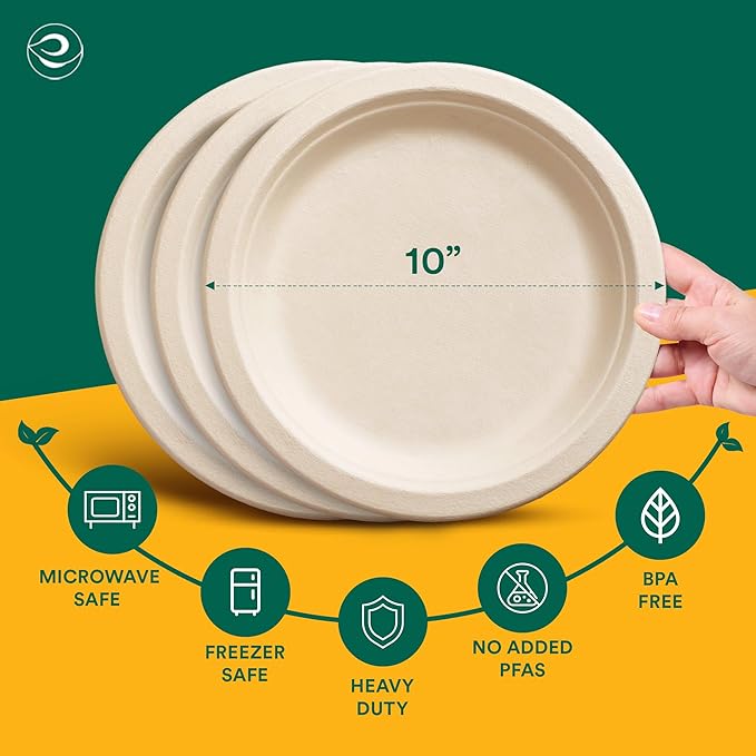 ECO SOUL 100% Compostable 10 Inch Paper Plates 200 [2x100 Pc] Disposable Party Plates I Heavy Duty Eco-Friendly Sturdy Dinner, Wedding, Event Plates I Biodegradable Unbleached Sugarcane Eco Plates