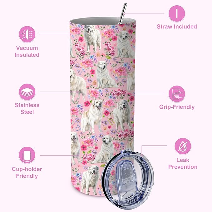 Yogusut Great Pyrenees Gifts for Women, 20oz Stainless Steel Insulated Tumbler Travel Mug Cup with Lid Straw Brush, Gifts for Dog Mom Dog Lover