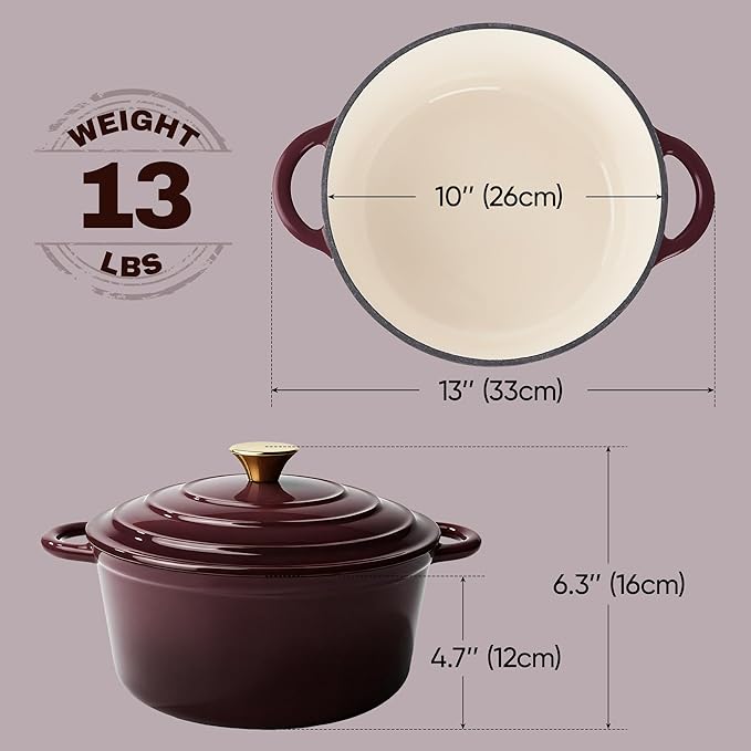 Vintage Style 6 Quart Dutch Oven Pot with Lid, Non Stick Enameled Cast Iron Dutch Oven for Bread Baking, Heavy-Duty, Oven Safe Ceramic Cookware Up to 500째F for Baking, Braising, Stews, Roasting, Fig