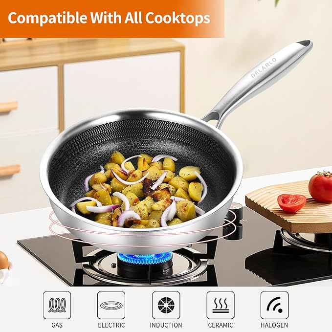 DELARLO Tri-Ply Stainless Steel 5.5 Inch Omelet Pans, Small Frying Pan Compatible with All Cooktops 500??Oven Safe Mini Skillet