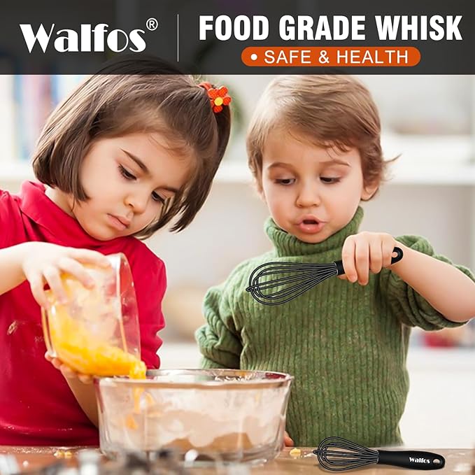 Walfos Whisk 5+7in/12cm+17cm Mini Whisk,Silicone Whisks Non Scratch Heat Resistant (480째F). Nice for stirring individual eggs and mixing small amounts of powder and sauce.Dishwasher Safe.Black