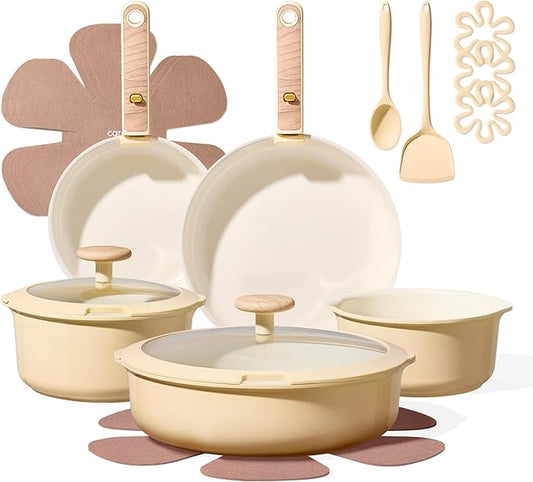 CAROTE 18 Pcs Ceramic Cookware Set Detachable Handle, Non Toxic Pots and Pans Set Non Stick, Induction Kitchen Cookware Removable Handles, Oven Safe, Stackable RV/Camping Cooking Set, Yellow