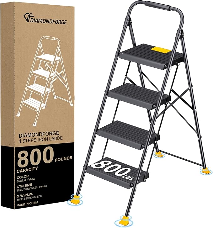 Step Ladder Foldable Folding Stool - for Home Adults Kitchen 4 Stepping Extension Tall Heavy Duty with Handrails - Closet Stepstool Stair Ladders Extendable Stepladder for Indoor House 800Lbs