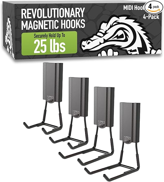 GATOR MAGNETICS MIDI 2.5 & 4" Open Hooks, 25 lb Heavy Duty Magnetic Hooks for Steel Surfaces, Patented Easy-Release, Non-Slip Grip ??Storage & Organization, Garage, Shed, Home, Cleaning Tools -4 Pack