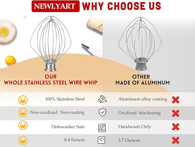 NewlyArt K45WW Dishwasher Safe Whisk 6-Wire Whip Attachment Fits 4.5 5 Quart KitchenAid Tilt-Head Stand Mixer, Stainless Steel Whisk Accessories for Kitchen Aid K45,K45SS,KSM75,KSM90,KSM110,KSM150