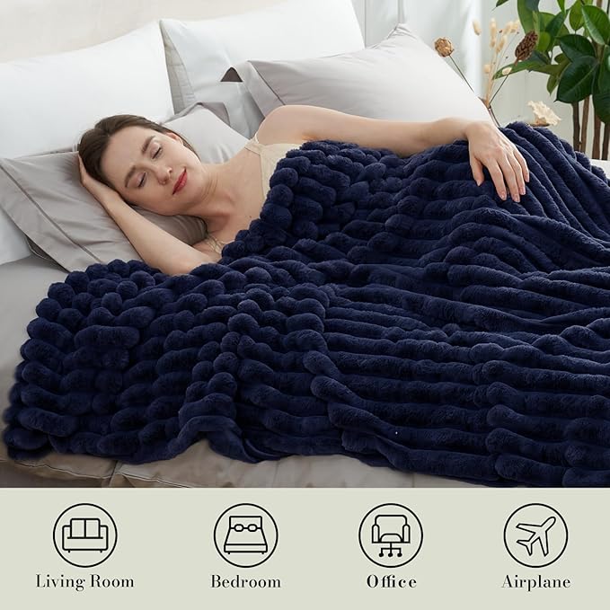 Am챕lie Home Faux Fur Throw Blanket for Couch, Cozy Fuzzy Fluffy Fur Luxurious Soft Striped Plush Gift Blankets for Family Sofa Chair Bedroom, 55"x70", Navy Blue