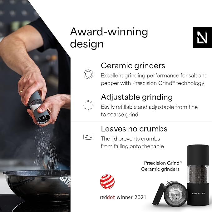 LARS NYS횠M Salt and Pepper Grinder Set, Manual Salt and Pepper Mills with Adjustable Ceramic Grinder, Design Spice Shaker Set (Carbon Black)
