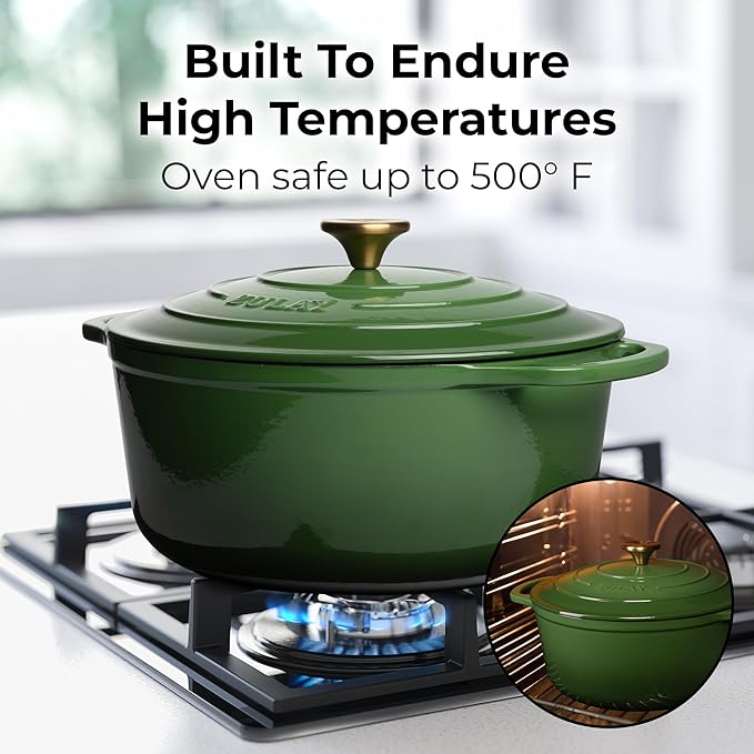 Zulay Kitchen 6 Quart Enameled Cast Iron Dutch Oven Pot with Lid ??Premium Durability & Oven Safe up to 500째F ??Heavy Duty Cookware Perfect for Bread Baking, Stews, Braising & Roasting ??Green