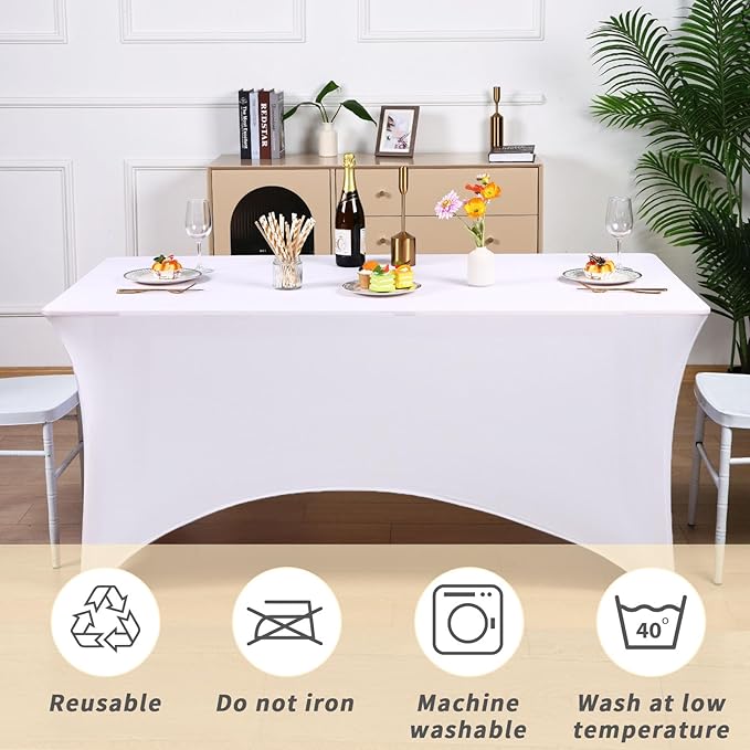 Fixwal 6 Pack Table Cloth Rectangle Table, 6FT Table Cover, White Table Cloth Rectangle Fitted Rectangular Stretch Tablecloth, Washable Patio Table Cover (White, 72L x 30W x 30H Inch)