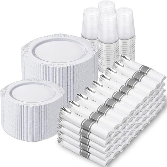 Nervure 700PCS Silver Plastic Plates - Silver Plastic Dinnerware Sets for 100 Guests - 200 Disposable Plates, 300 Silverware, 100 Cups, 100 Napkins for Wedding & Party