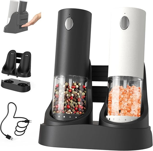 CIRCLE JOY Electric Salt and Pepper Grinder Set Automatic Salt and Pepper Mills Set with Easy-to-Carry Charging Base and LED Light, USB Rechargeable, Upgrade External Adjustable Coarseness