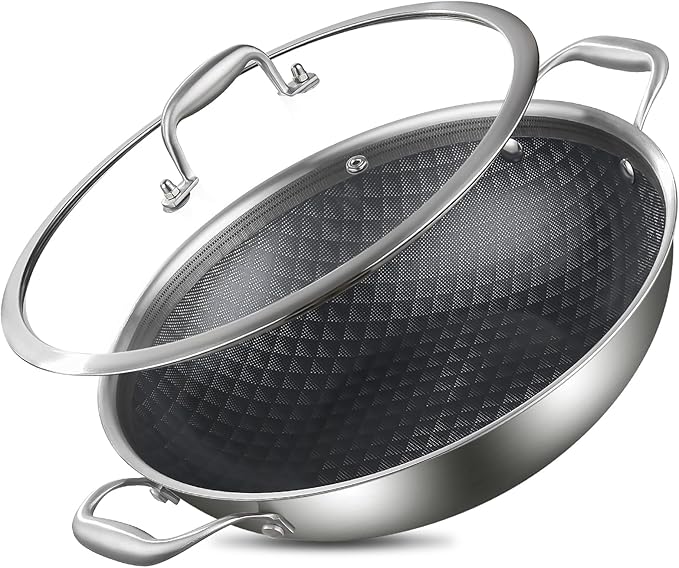 DELARLO Tri-Ply Stainless Steel Wok 13in Nonstick Deep Wok Pan with Lid,Stir-Fry Pans,5.5QT Cooking Pot induction Large woks,Compatible with All Cooktops Up to 550째F(Double Handle)