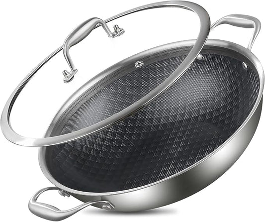 DELARLO Tri-Ply Stainless Steel Wok 13in Nonstick Deep Wok Pan with Lid,Stir-Fry Pans,5.5QT Cooking Pot induction Large woks,Compatible with All Cooktops Up to 550째F(Double Handle)