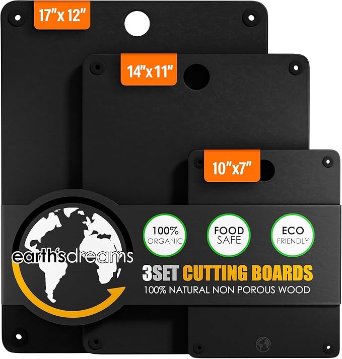 Earth?셲 Dreams Wood Cutting Board Set 3-Piece: Small, Large & Extra Large - Charcuterie Board, Non-Plastic, Non-Toxic, Heavy-Duty, Dishwasher Safe (Black)
