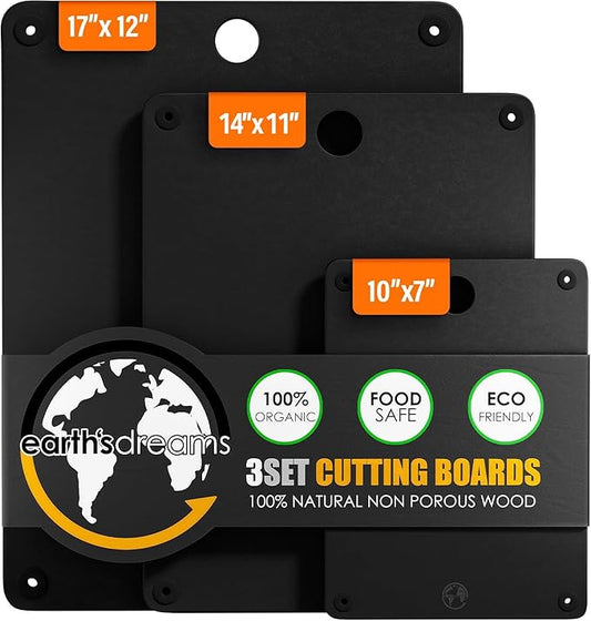 Earth?셲 Dreams Wood Cutting Board Set 3-Piece: Small, Large & Extra Large - Charcuterie Board, Non-Plastic, Non-Toxic, Heavy-Duty, Dishwasher Safe (Black)