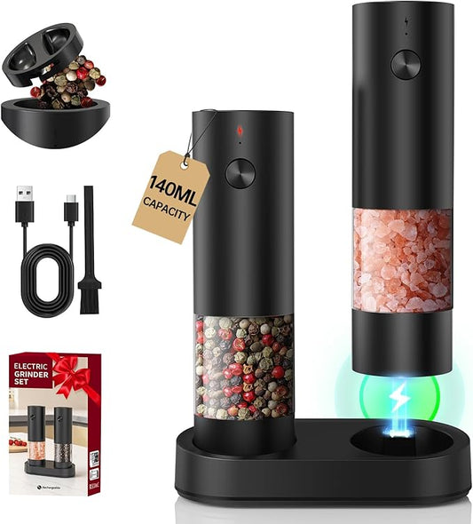 CIRCLE JOY Electric Salt and Pepper Grinder Set with 2-in-1 Charging & Storage Base, Rechargeable Automatic Pepper Mill, Adjustable Coarseness, LED Light, 140ml Capacity