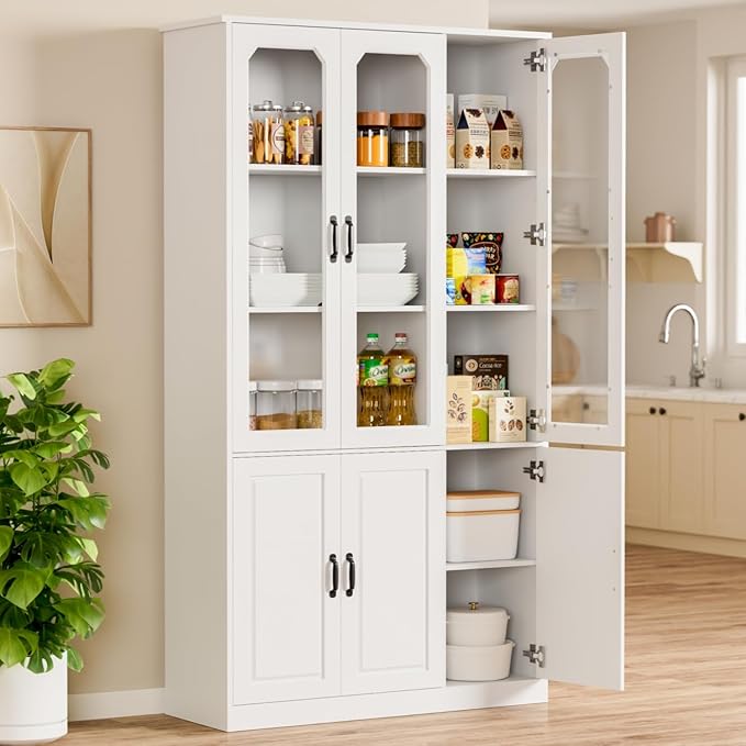 White Kitchen Pantry Cabinet, 78.7" Tall China Cabinet with Glass Doors and Adjustable Shelves, Wooden Display Cabinet for Dining, Living Room, White (Extra-Large, 46" W)