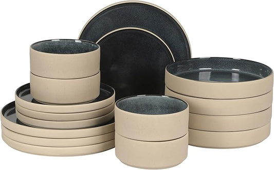 Gibson Elite Liberty Bay 16-Piece Pottery Clay Stoneware Dinnerware Set ??Blue Reactive Glaze, Stackable Plates and Bowls W/Pasta Bowl, Service for 4 ??Microwave & Dishwasher Safe