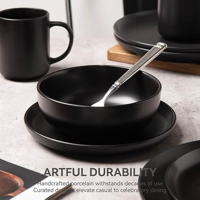 Furrnook 12-Piece Stoneware Dinnerware Set with Mugs | Microwave and Dishwasher Friendly | Stackable Matte Glaze Plates & Bowls | Service for 3 (Black for 3)