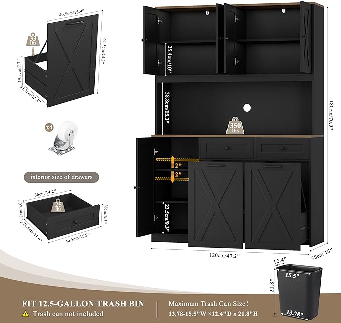 HOSTACK 71" H Kitchen Trash Can Hutch Cabinet, 12.5 Gallon Double Pull Out Garbage Can Hutch Cabinet with Trash Bin Storage Holders, 47" Wide Kitchen Pantry with Hidden Garbage Storage, Black