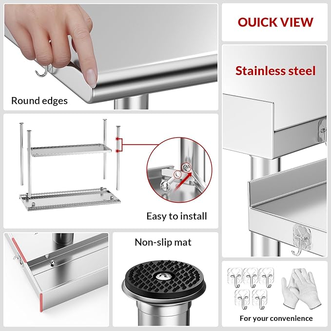 All-Stainless Steel Prep Table, 24 X 48 Inch, with Rounded-Corner Backsplash and Adjustable Undershelf, Heavy-Duty for Outdoor Use,Restaurants,Hotels,Workshops,Kitchens,Gardens, and Garages