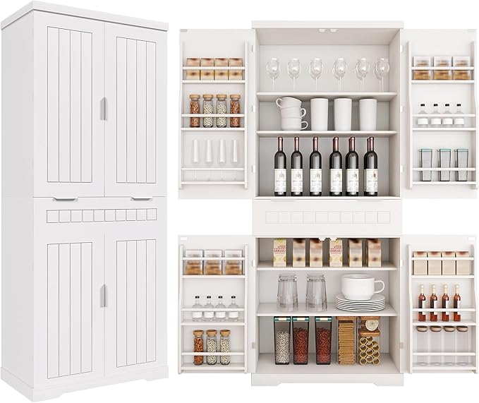 72" Tall Kitchen Pantry Cabinet with Drawer & Adjustable Shelves,Farmhouse Versatile Modern Compact Pantry Storage Cabinet w/12 Door Shelves,Anti-Tip Safety Design for Small Kitchen,Dining Room