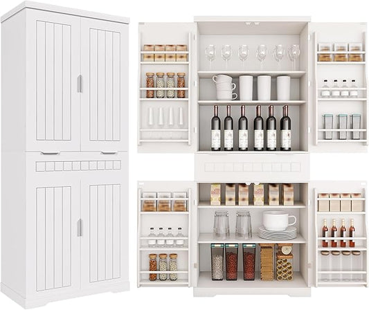 72" Tall Kitchen Pantry Cabinet with Drawer & Adjustable Shelves,Farmhouse Versatile Modern Compact Pantry Storage Cabinet w/12 Door Shelves,Anti-Tip Safety Design for Small Kitchen,Dining Room